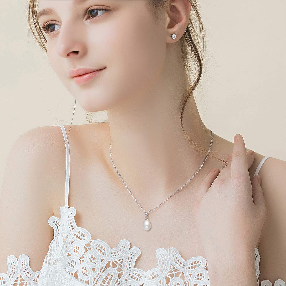 Merdia Sterling Silver Drop Shape Freshwater Cultured Pearl Necklace | Women's Pearl Pendant Necklace | Silver Jewelry - Image 3